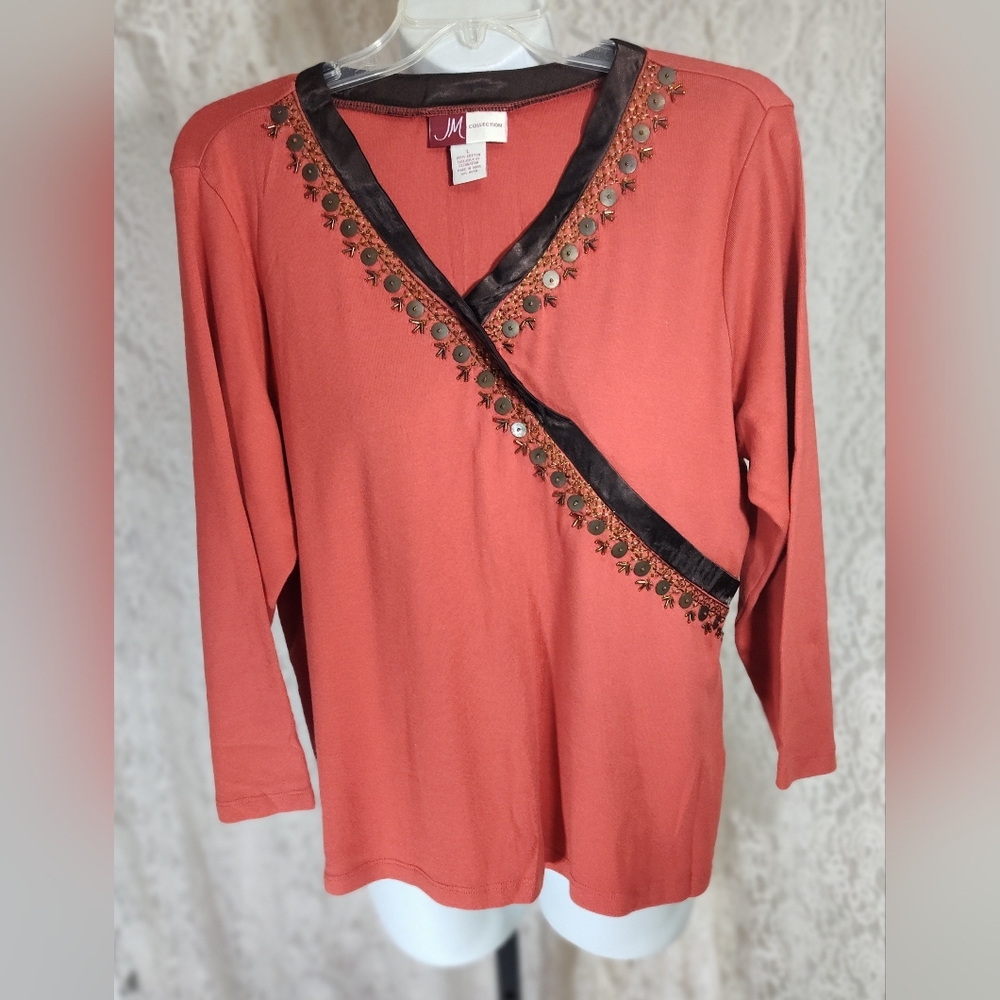 JM Collection Cotton Rust and Brown Embroidered V-Neck Blouse